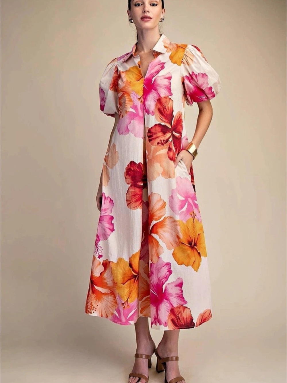 Glam Floral Puff Sleeve Midi Dress in Pink & Orange